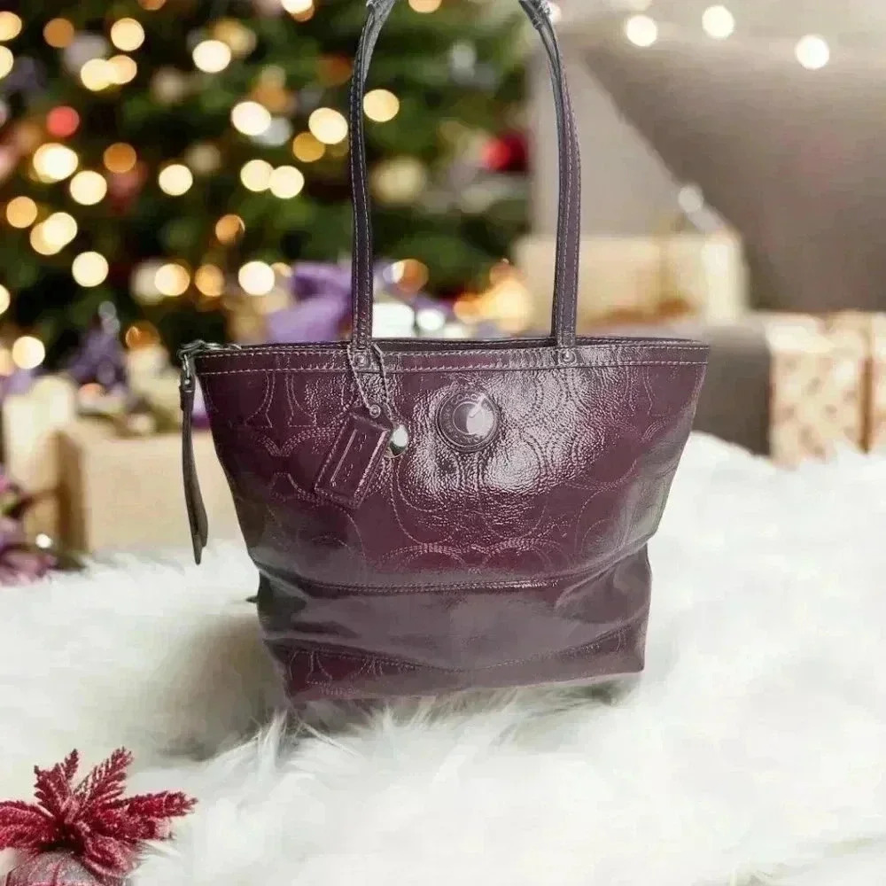 COACH Plum/ Burgundy Signature Patent Leather Tote